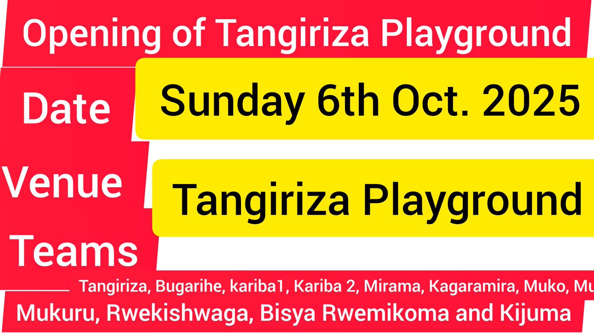 IgicJunior's tweet photo. Join us this Sunday 5th October 2025 in opening of Tangiriza playground in Rwekishwaga Bugarihe Rwemikoma Kazo
We shall have friendly matches among the teams in Rwemikoma sub county 
And Hon Tabamuzigu Ballam aka Kantu Boss shall be our guest honour🙏🙏
Please let's be there https://t.co/yyQKD3QHS4