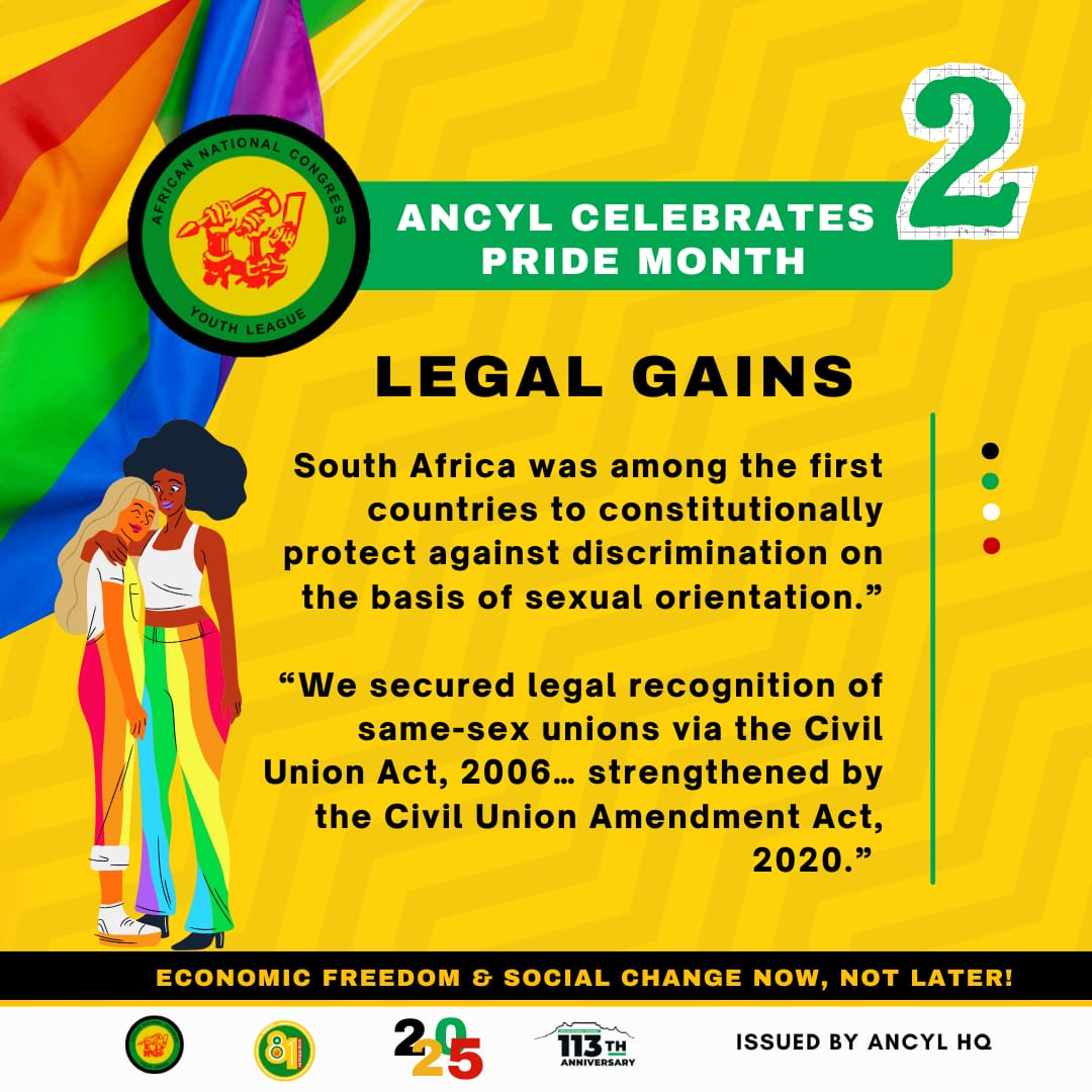 ANCYLhq's tweet photo. This October, the ANC Youth League celebrates South African Pride Month. 

We honour the struggles, the legal victories, and the vibrant culture of queer South Africans, while demanding zero tolerance for hate and true equality in practice.

#ANCYLatWork https://t.co/nA8iSfUcvB