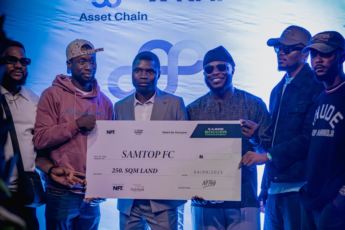 NFTNG (@nft__ng) on Twitter photo Back at the #UnchainSummer25 Tournament, we made a promise and delivered on it.
The 250 sqm land certificate was presented to the winning team, SAMTOP FC, with the team lead @samtopexchange receiving it.
Sponsored by <a href="/CoinFieldEstate/">Coinfield Estate</a>. Back at the #UnchainSummer25 Tournament, we made a promise and delivered on it.
The 250 sqm land certificate was presented to the winning team, SAMTOP FC, with the team lead @samtopexchange receiving it.
Sponsored by <a href="/CoinFieldEstate/">Coinfield Estate</a>.