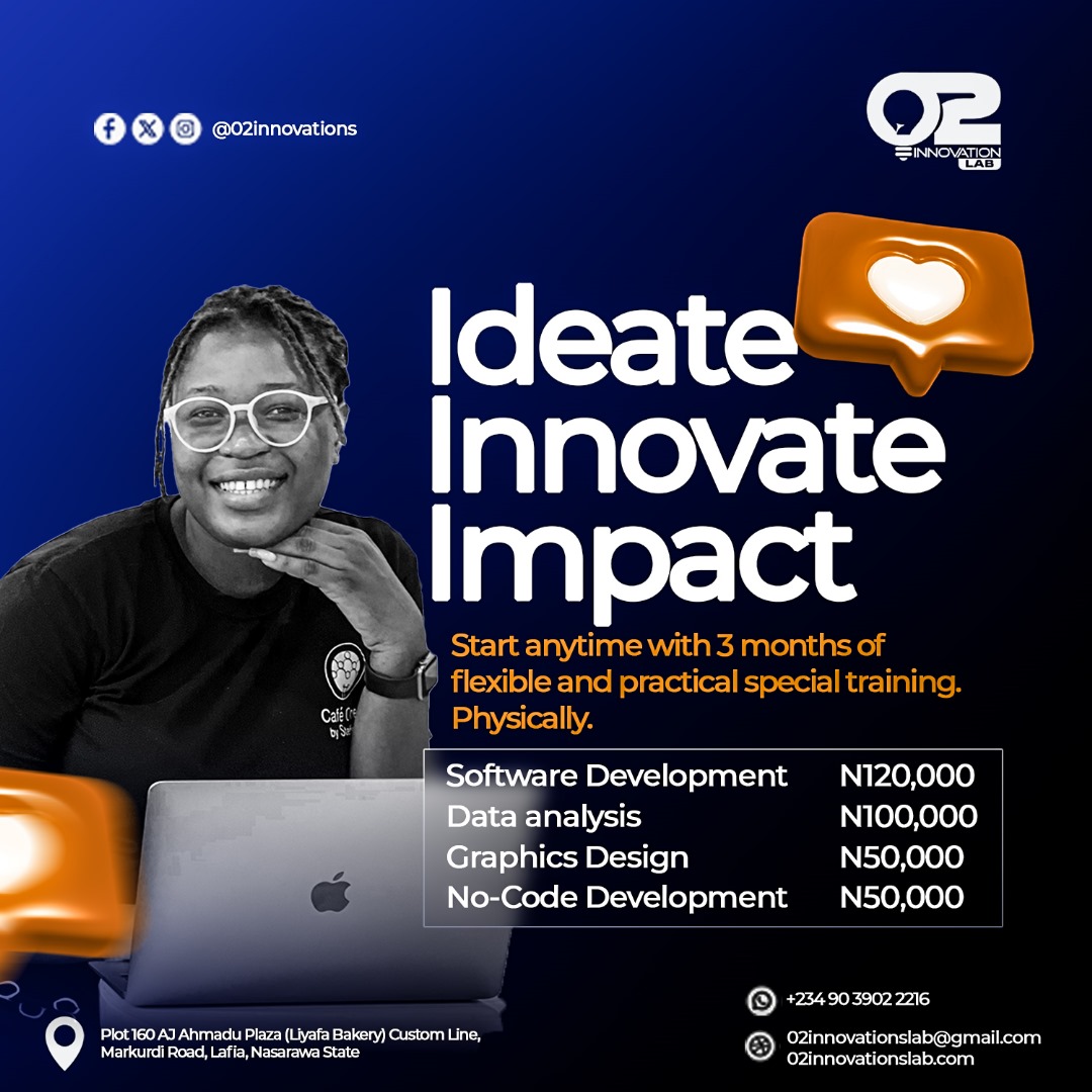 02Innovations's tweet image. Transform your future with O2 Innovation Lab! ➡️ Get practical training in high-demand skills: Software Development, Data Analysis, Graphics Design, and No-Code Development. Start and finish within 3 months.
Contact us today.
#TechSkills #O2InnovationLab #Lafia #Nasarawastate