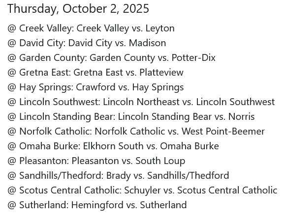 Thursday night Week 6 Varsity

Notable C2 #10 WPB at #2 Norfolk Catholic