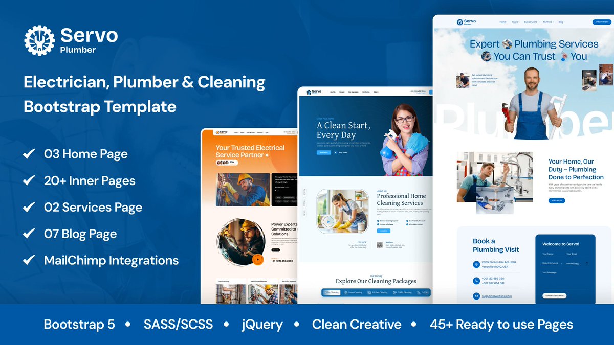 LayoutDrop's tweet image. Servo – Electrician, Plumber & Cleaning Bootstrap Template
- Bootstrap 5+
- Responsive & modern
- Easy customization
🔗 wrapmarket.com/item/servo-ele…
#Bootstrap #HTMLTemplate #WebDesign #Plumber #Electrician #CleaningServices #BusinessWebsite #jQuery #HTML #CSS