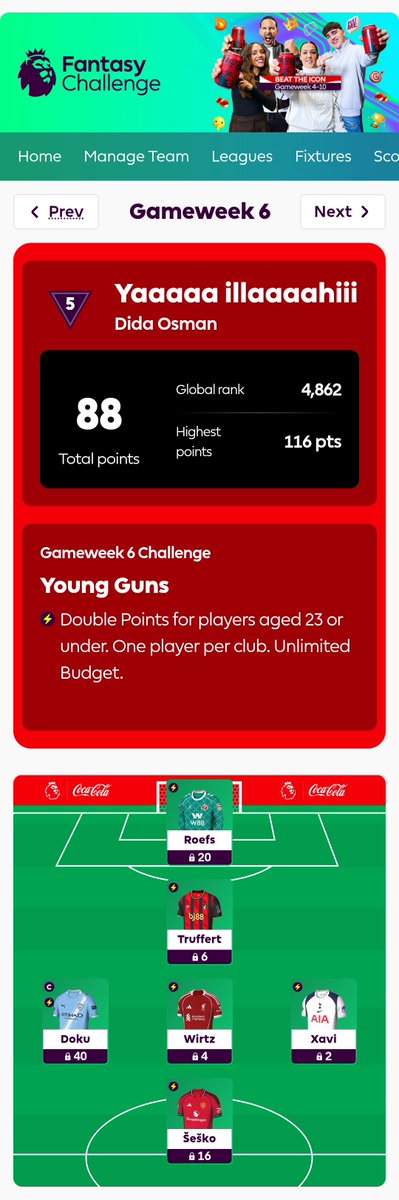 samsfranchise's tweet photo. ⚡GAMEWEEK 6 #FPL CHALLENGE WINNER!⚡

🎩Yaaaaa illaaaahiii;

Congratulations to @osman_dida on conquering the GW6 "YOUNG GUNS" Fantasy Challenge!🥳🎊

He walks away KES 1260 richer. Well played &amp; definitely well deserved!🫡👊🏾

#SamsFPLChallenge | #SeasonII | #FPL https://t.co/TiIJiCOIZH
