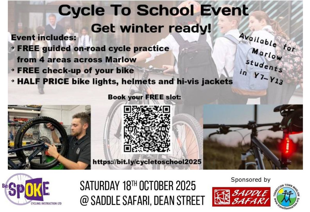 🚴‍♀️GMS support all students who wish to cycle to school and provide secure areas to lock up their bikes.
Please see attached information about a free cycle safety event on Saturday 18th October in Marlow.