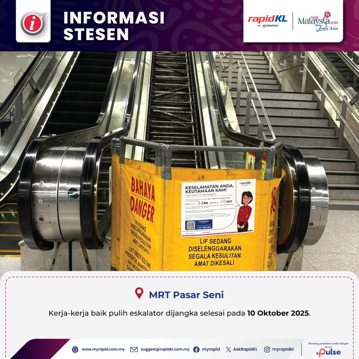 Kerja-kerja baik pulih eskalator di MRT Pasar Seni dijangka selesai pada 10 Oktober 2025.
 
Rujuk poster untuk info lanjut.

#RapidKL