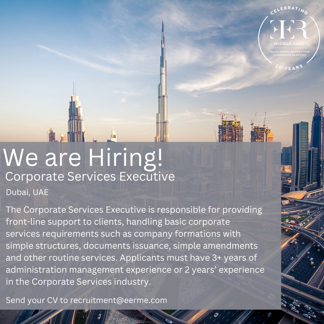 EER Middle East is looking for a Corporate Services Executive to join our Dubai team. If you’re client-focused &amp; ready to grow your career, apply today!

#Hiring #DubaiJobs #Careers #CorporateServices #JoinOurTeam