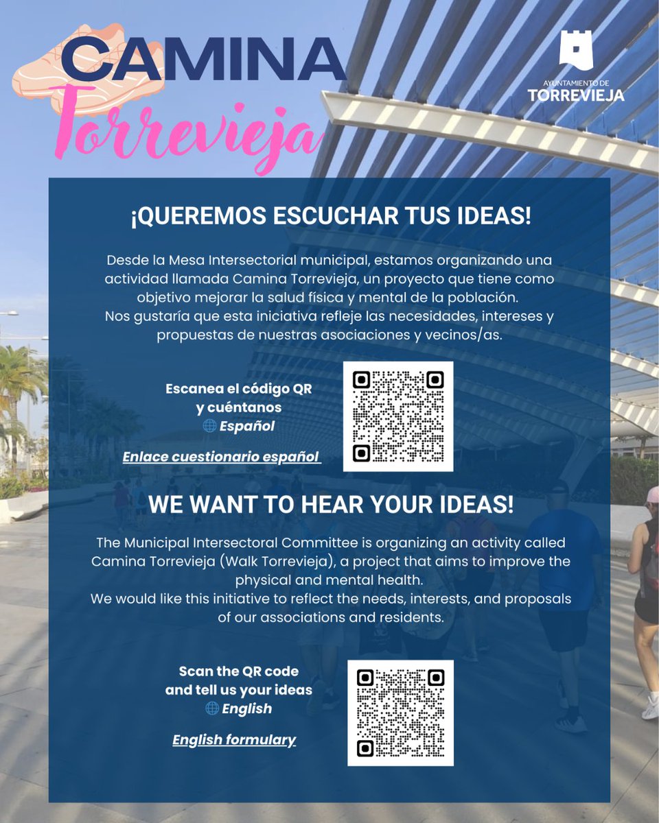 🚶‍♂️✨ ¡Nace #CaminaTorrevieja!

Un proyecto gratuito para mejorar salud, crear comunidad y reducir la soledad.
📅 15/10 – 12h, Real Club Náutico

👉 Cuéntanos tus ideas en la reunión o en la encuesta online.

💙 ¡Súmate!