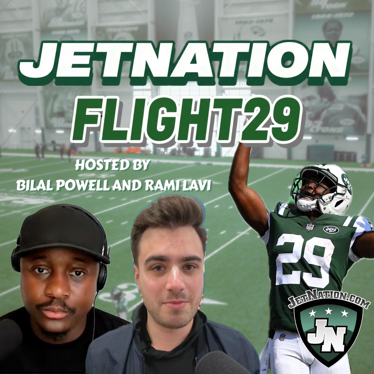 JetNation's tweet image. BIG NEWS! Fired up to announce JetNation Flight 29. 

A weekly podcast hosted by none other than @bilalpowell29 and @rami_lavi. Flight 29 coming real soon! 👀🫡