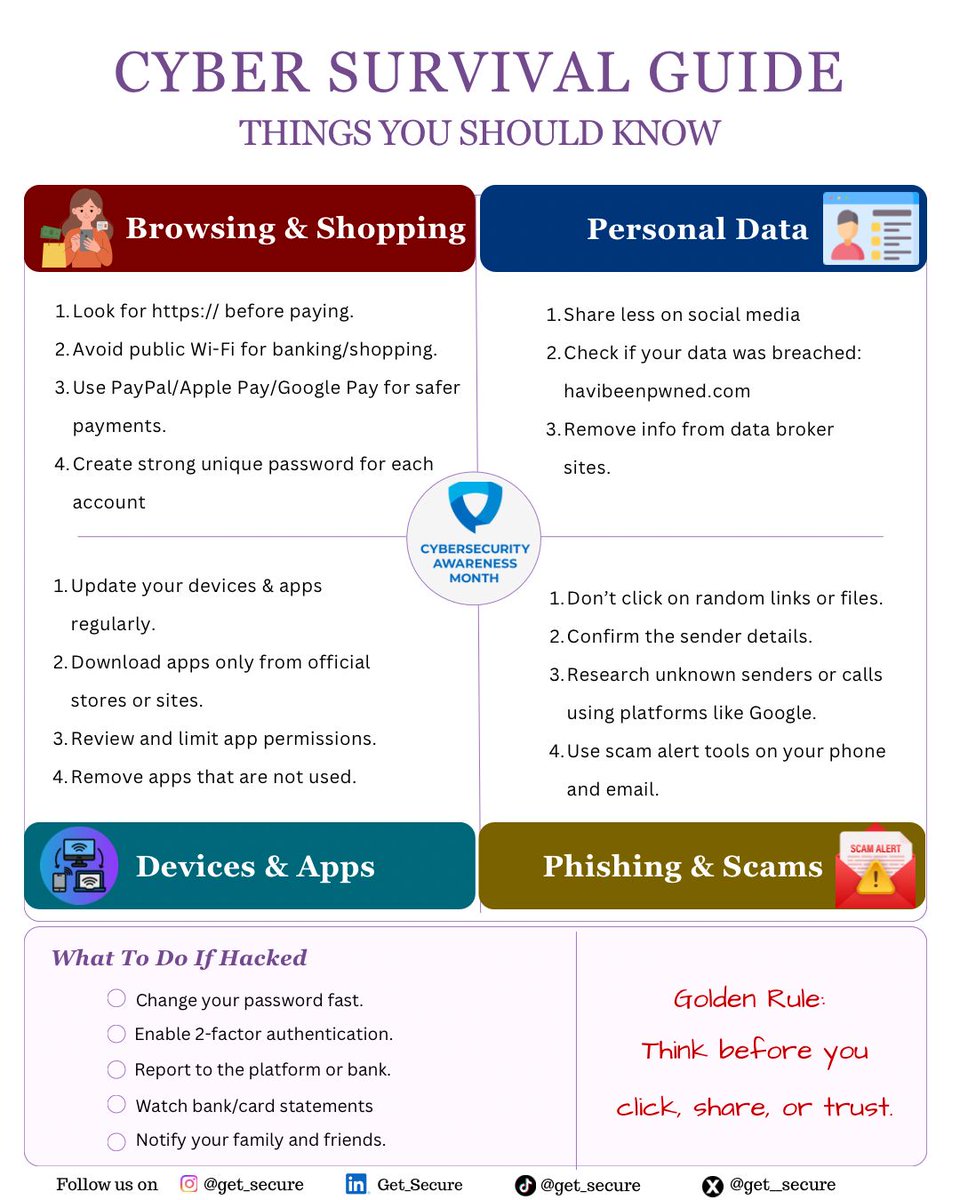 Get__Secure's tweet photo. October is Cybersecurity Awareness Month! 
Kicking off with your Cyber Survival Guide — think of it as your digital first-aid kit: strong passwords, 2FA, spotting scams &amp; safe habits. Stay tuned all month for simple tips to keep you secure online. #CyberAwarenessMonth https://t.co/0Hzg8C0Hgy