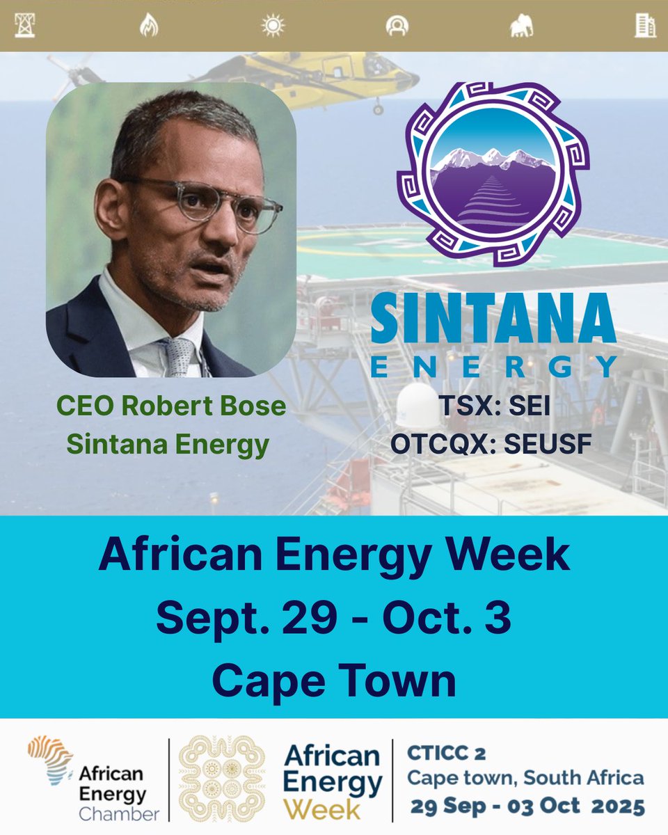 📢 Happening this morning at African Energy Week!

@SintanaEnergy (TSXV: $SEI | OTCQB: $SEUSF) CEO Robert Bose will be speaking at the Orange Sub-Basin Roundtable.

Be sure to tune in for insights on one of Africa’s most exciting offshore basins.