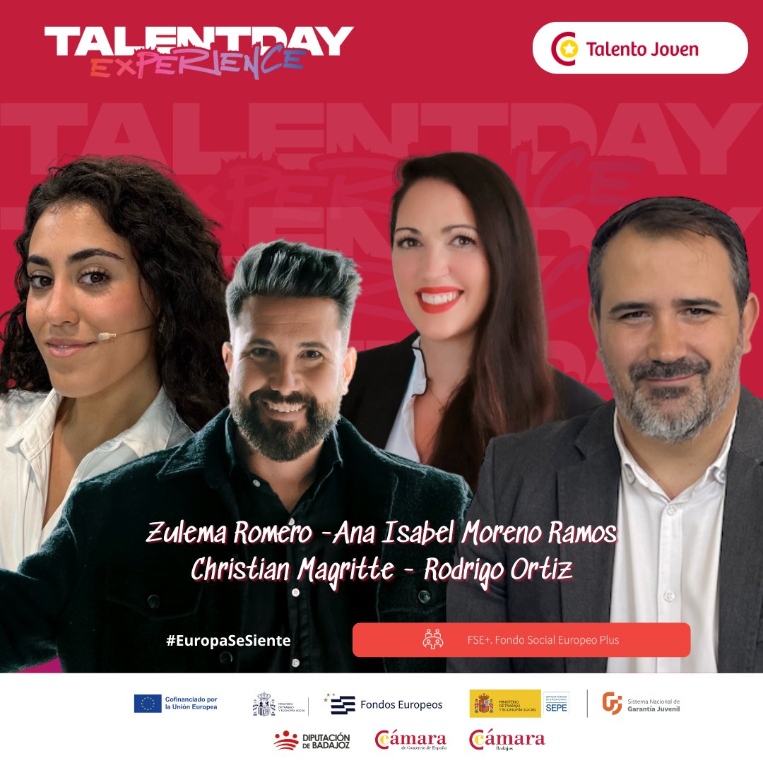 Nuestros ponentes de las TalentSessions —Rodrigo Ortiz, Ana Isabel Moreno Ramos, Zulema Romero y Christian Magritte— te esperan en:
👉 9 octubre – Almendralejo
👉 16 octubre – Monesterio
👉 22 octubre – Herrera del Duque
👉 30 octubre – Santa Amalia