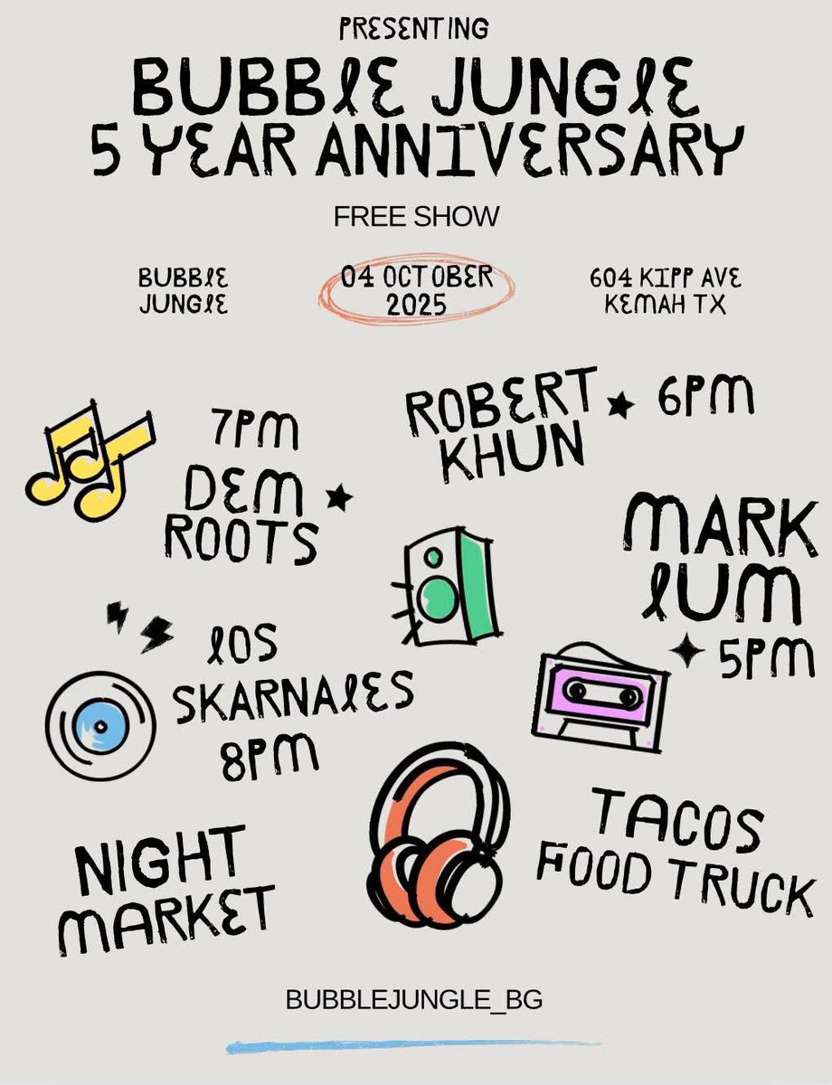 🌴 Kemah Tx.⛵️
• Bubble Jungle 5th Year Anniversary Party! 
💥This Saturday, Oct 4th💥
FAMILY FRIENDLY PET FRIENDLY EVENT
(🎟️  Free Entry) 
Doors @ 4pm
•Mark Lum               @ 5pm
•Robert Kuhn          @ 6pm
•dem roots music @ 7pm
•Los Skarnales      @ 8pm