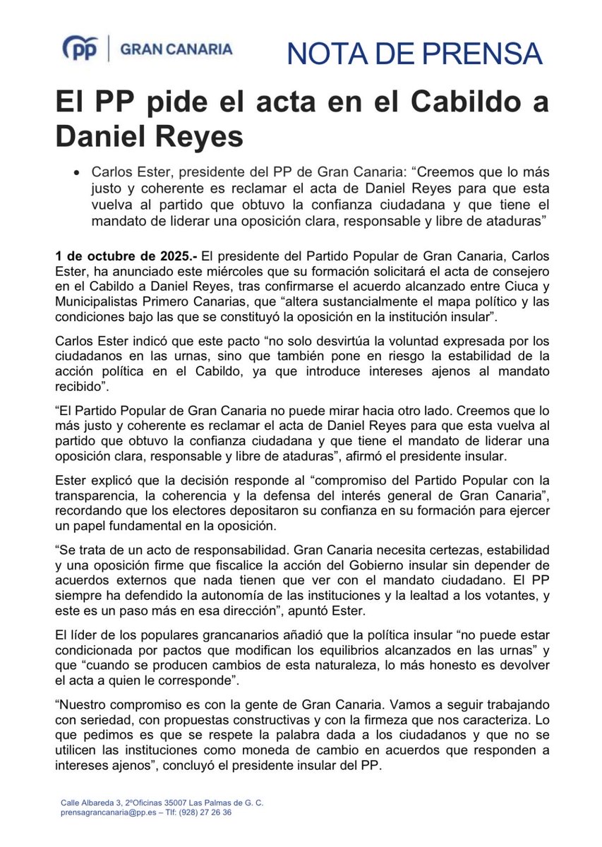 👉🏻 El Partido Popular de Gran Canaria solicita a Daniel Reyes que entregue el acta como consejero del Cabildo de Gran Canaria por nuestra formación.

🗣️ <a href="/carlos_ester/">Carlos Ester</a> “Creemos que lo más justo y coherente es reclamar el acta de Daniel Reyes para que esta vuelva al partido que