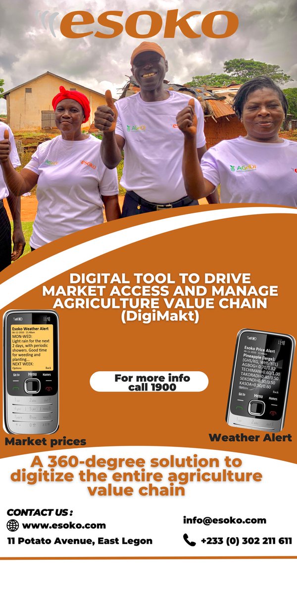 Esoko's tweet image. ESOKO 360: #digitizing Agriculture from #farms to market! 🌱

From #data collection, climate advice, and messaging services to market linkages and #community trade our 360° solutions transform the entire #Agricultural value chain. 📲✨

#Esoko360 #DigitalAgriculture #Innovation