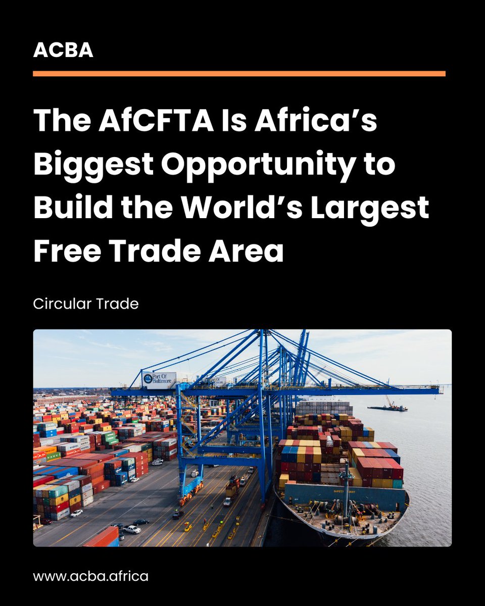 ACBA_HQ's tweet photo. The AfCFTA Is Africa’s Biggest Opportunity to Build the World’s Largest Free Trade Area.

With 54 countries and over 1.4 billion people, the African Continental Free Trade Area (AfCFTA) is set to create the largest single market in the world. https://t.co/ZbelIDB9tB