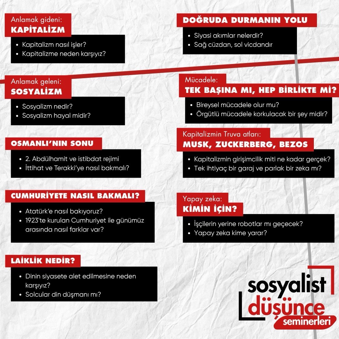📣Sosyalist Düşünce Seminerleri başlıyor!

🚩Sosyalist Düşünce Seminerleri çok yakında başlıyor. Oturumların tarihleri ve saatleri için takipte kal!

✍️Katılım için formu doldurabilirsin: docs.google.com/forms/d/1qqHDB…