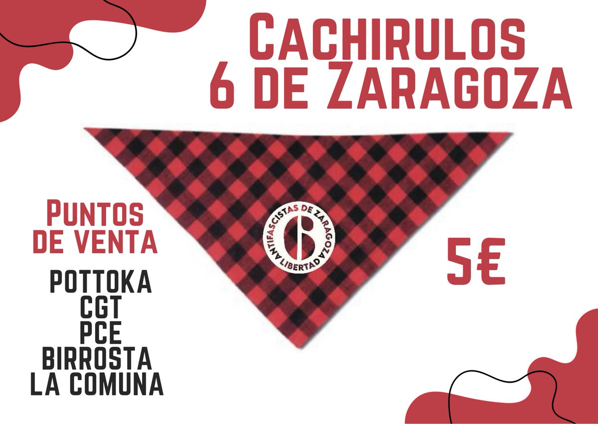 Nuevos cachirulos solidarios con Libertad 6 de Zaragoza.
Puntos de venta: Bar Pottoka, bar Birrosta, CGT, PCE, La Comuna.
Ayúdanos a recopilar dinero para afrontar las condenas económicas que tenemos pendientes.