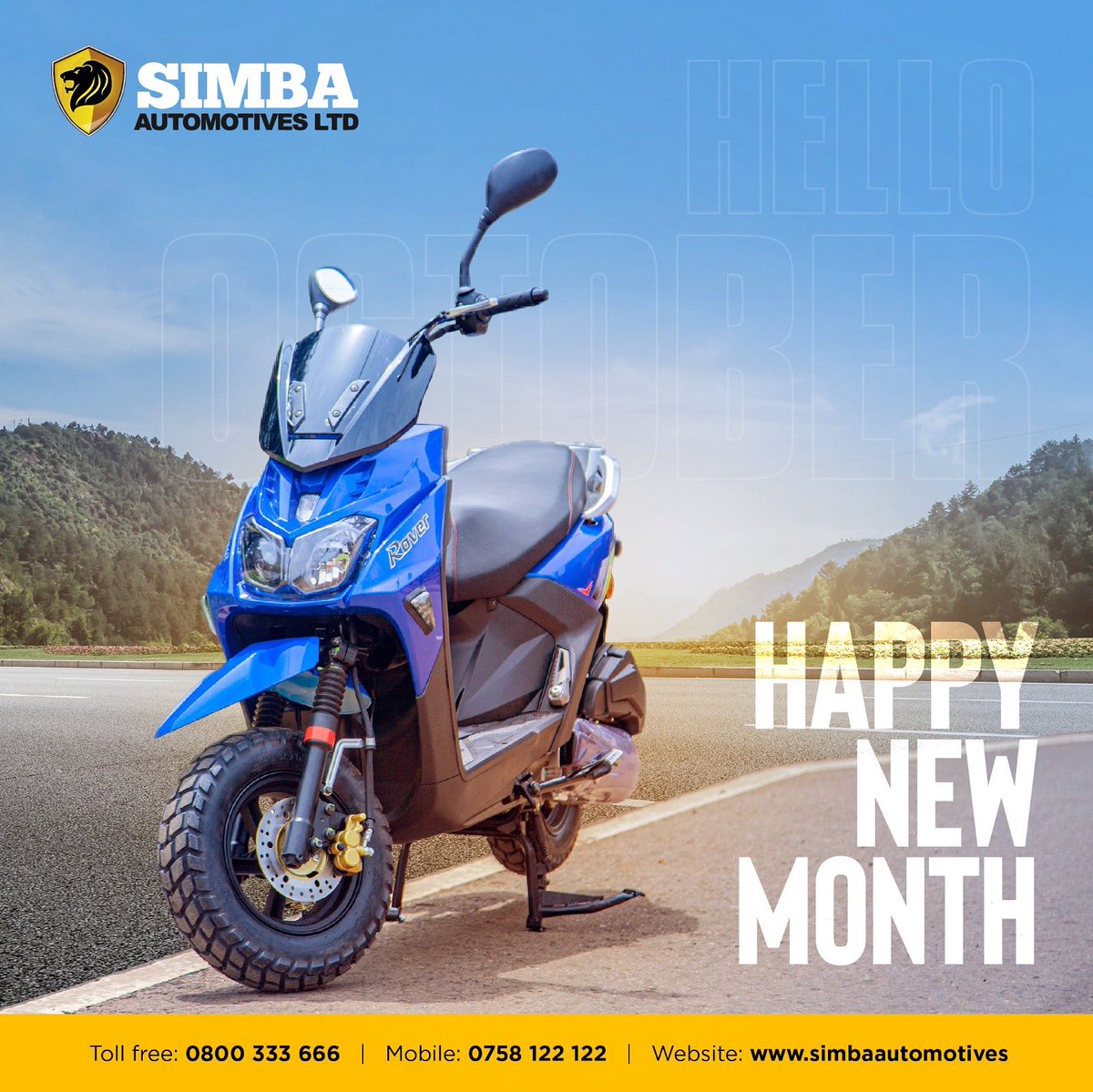 SimbaAutomotiv1's tweet image. Happy New Month from Simba Automotives! 🌟
Step into October with power, style, and adventure on the Simba Rover Bike 💨 Built tough, designed for every journey this is the month to conquer new roads with confidence. 🦁✨

#HappyNewMonth #SimbaAutomotives #SimbaRover