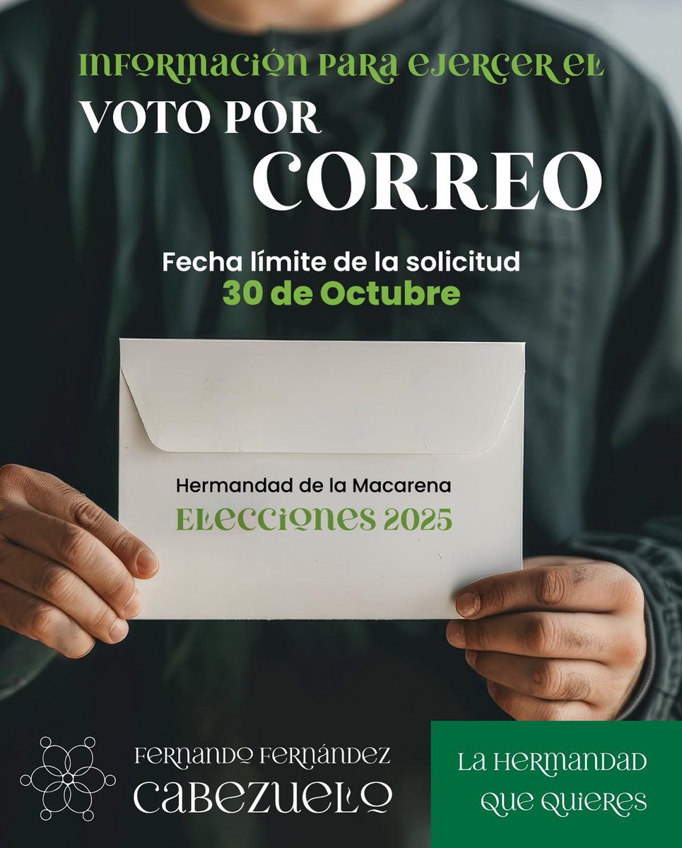 Cabezuelo_25's tweet photo. 📩 Información importante sobre el voto por correo

➡️ Es imprescindible solicitarlo por escrito mediante documento firmado personalmente por el interesado (no serán válidos otros medios, como el correo electrónico).

📌 La solicitud debe estar en poder de la Comisión Electoral antes del 30 de octubre de 2025.
📌 Se pone a disposición de los hermanos un modelo de documento, que puede presentarse en Secretaría o enviarse por correo postal a: Comisión Electoral - Plaza de la Esperanza, 2, 41002 Sevilla (Descárgalo aquí ➡️ https://t.co/6vak6SghEl)

📧 Para cualquier duda o consulta, la Comisión Electoral ha habilitado el siguiente correo electrónico: 👉🏻 comisionelectoral@hermandaddelamacarena.es

Más información en nuestra web 🔗 https://t.co/BKVb1g7x36

Con la colaboración y el compromiso de todos, lograremos #LaHermandadqueQuieres