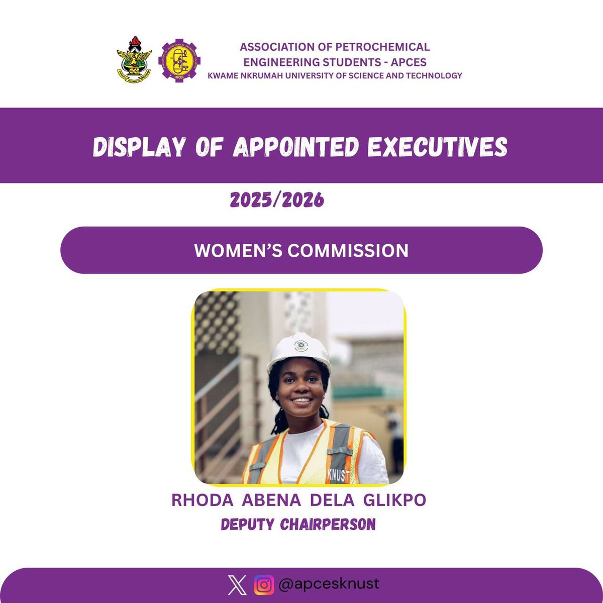 *💜💛DISPLAY OF APPOINTED EXECUTIVES 💜💛*

THE *BIG REVEAL* IS HERE❗👏

We are excited to present the newly appointed *Deputy Women’s Commissioner * of the *Baffoe-Solace Led  Administration*.
Congratulations on your appointment 🎉

➖➖➖➖➖➖➖➖➖➖
*APCES EXECUTIVES 25/26