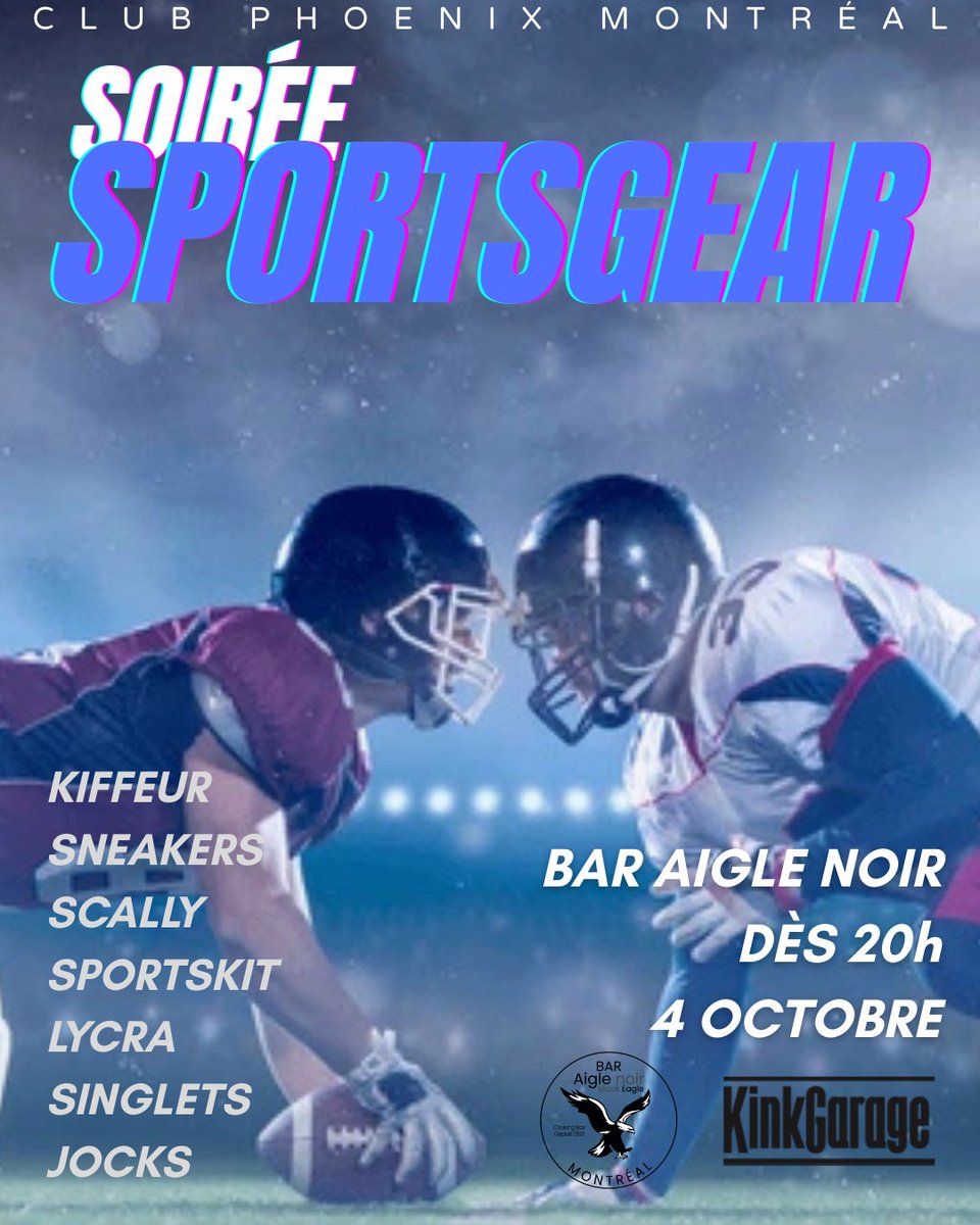 Our next Soirée Sportsgear is this Saturday from 8pm at Aigle Noir. Don't miss it! 😈🤼‍♂️🏈🧦👟🐷