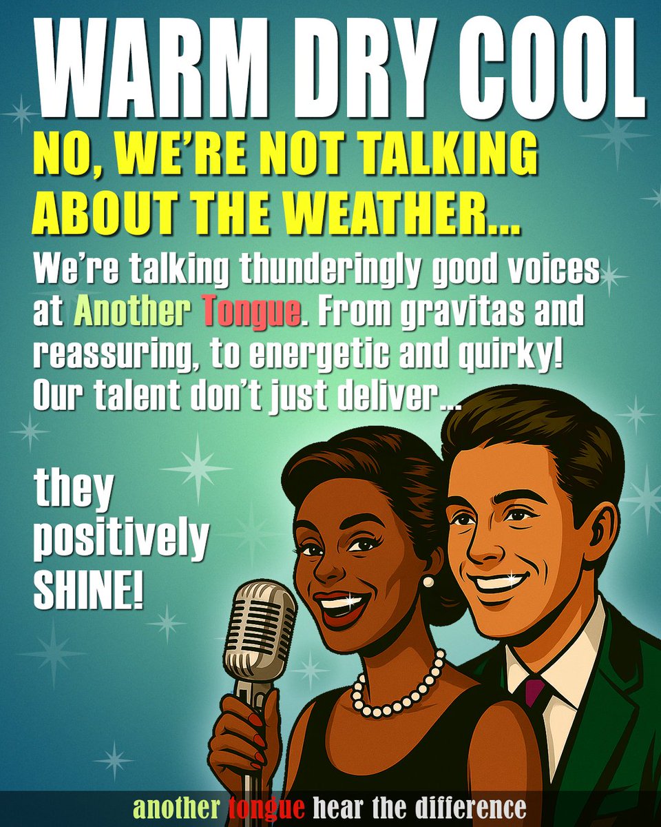 From Gravitas to Reassuring, Energetic to Quirky,
we have talent that shines when it comes to #voiceovers
Whatever the #October weather throws at you
Another Tongue is always here, making your day brighter

Call us now about #voiceovers for your #animation #game or #commercial