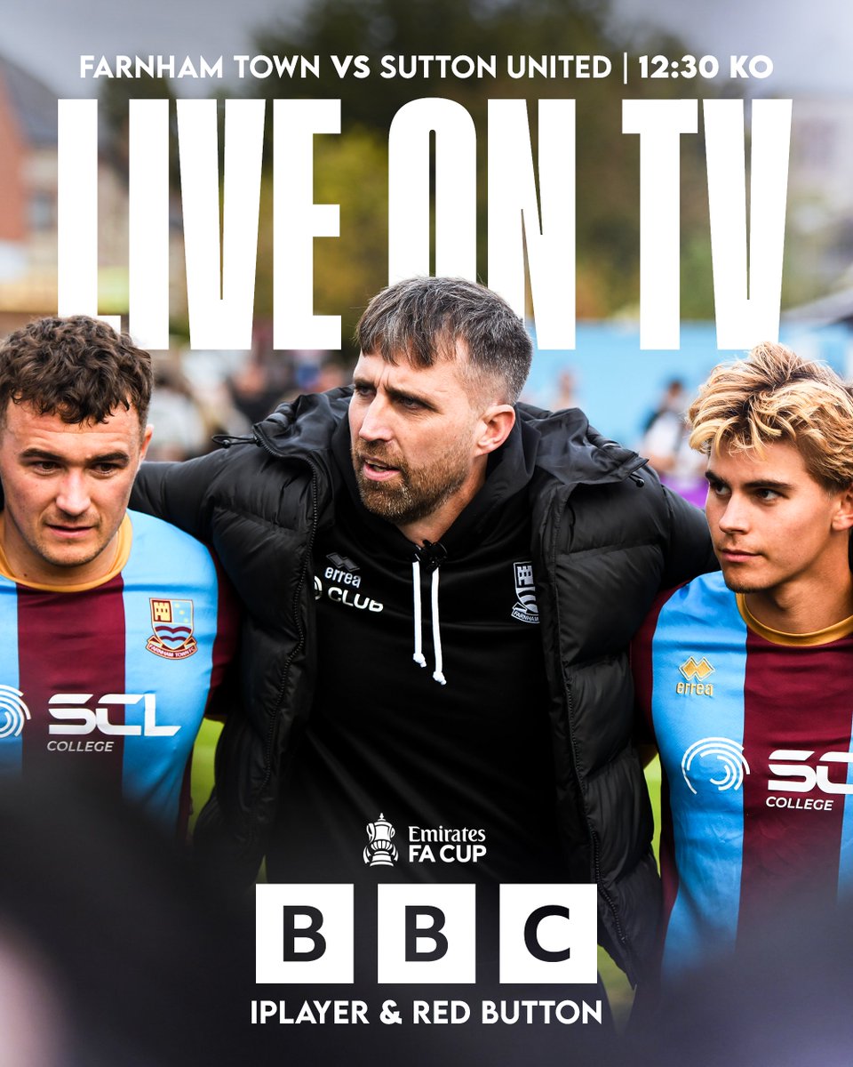 📺 𝗙𝗔𝗥𝗡𝗛𝗔𝗠 𝗧𝗢𝗪𝗡 𝗢𝗡 𝗧𝗛𝗘 𝗕𝗕𝗖!

Our @emiratesfacup Fourth Qualifying Round tie with <a href="/suttonunited/">Sutton United</a> will be live on BBC iPlayer, the Red Button and BBC Sport website at 12:30pm on Saturday, October 11th. 🏆

General Sale tickets go on sale at 11am tomorrow. 🎟
