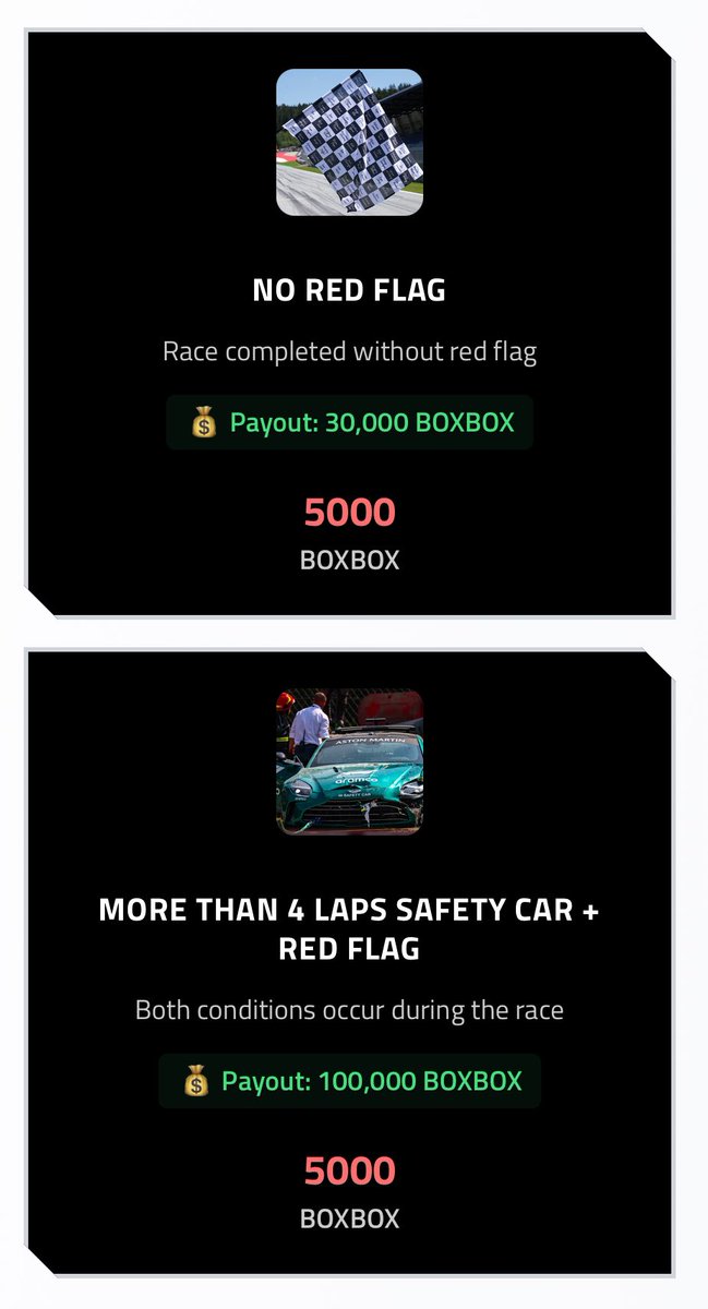 🚨 New BOXBOX Challenge for #SingaporeGP 🇸🇬

Predicting winners is too easy with McLaren’s dominance 😏
Let’s turn up the heat! 🔥
boxbox.wtf

👉 What happens on track?

1️⃣ ZERO safety car laps
2️⃣ More than 4 safety car laps
3️⃣ Red flag 🚩
4️⃣ No red flag
5️⃣ 4+ safety