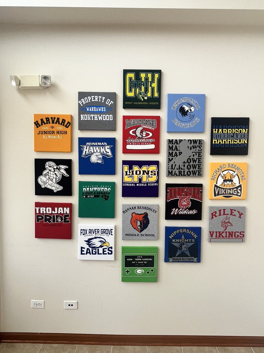 Little school project to take this boring space and amp it up! Collected shirts from all the schools we serve in the county and made tiles. Middle school on one wall, high school on the other with our logo in the center!! #ROE44