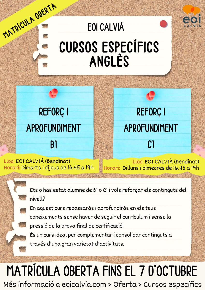 EOICalvia's tweet photo. 📢 Cursos específics d'anglès B1 i C1.
🗓️ Matrícula oberta fins dia 7 d'octubre.
😎 Aprèn anglès a un altre ritme.
Més info a https://t.co/Qw7cWYT87f 
☎️ 971700150 (de 16h a 20h) https://t.co/DRswn5hAyU