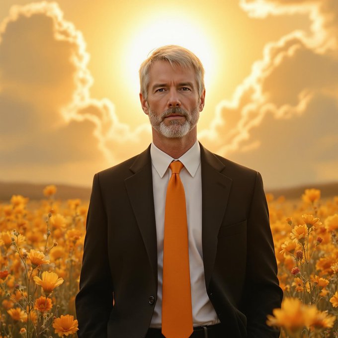 Michael Saylor stands in a field of yellow flowers under a bright sun with clouds. He wears a black suit, white shirt, and orange tie. The background features a vibrant, sunny sky.