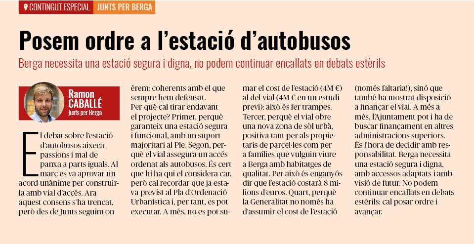 CaballePlanas's tweet image. A l’@AquiBergueda d’aquest octubre hi escric sobre el llarg debat de l’estació d’autobusos.
Una qüestió encallada massa temps i que cal afrontar amb responsabilitat i visió de ciutat.