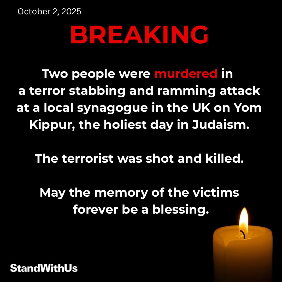 StandWithUs's tweet image. 🚨 BREAKING: Two people were murdered in a terror attack at a synagogue in Manchester, northern England. Three additional people were seriously injured in the attack.
The terrorist was shot and killed. A bomb disposal unit has been called and is currently at the scene.
The…
