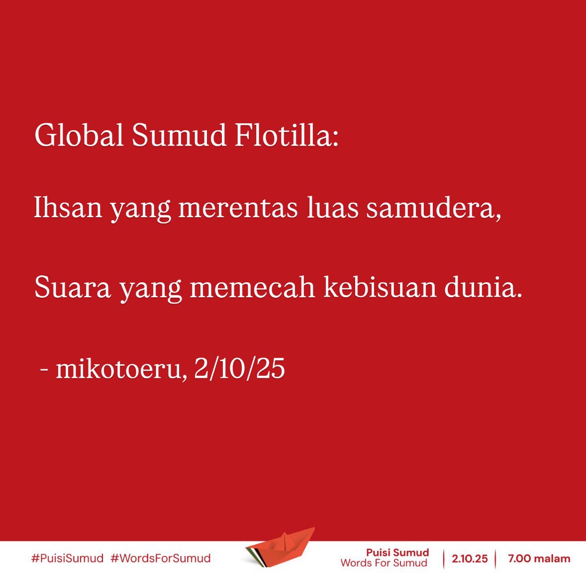 mikotoeru_'s tweet photo. Ya Allah, lindungilah para peserta Global Sumud Flotilla dan bebaskanlah Palestin daripada kekejaman Israel Laknatullah
Thank you for the template!
#PuisiSumud
#WordsForSumud
#SumudNusantara
#Stand4Sumud https://t.co/GCMmsvMoqs