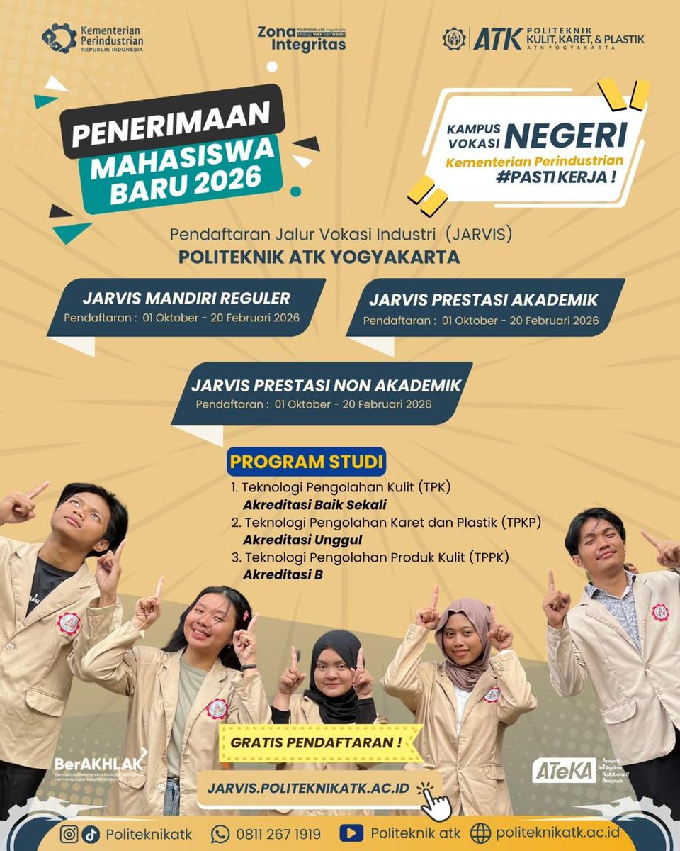 🚀 Mau kuliah di kampus vokasi negeri yang #PASTIKERJA?
Yuk, daftar PMB 2026 Politeknik ATK Yogyakarta!

📅 Pendaftaran dibuka: 1 Oktober 2025 – 20 Februari 2026
💯 Jalur JARVIS Mandiri, Prestasi Akademik, dan Prestasi Non Akademik

📌 Segera daftar di: jarvis.politeknikatk.ac.id