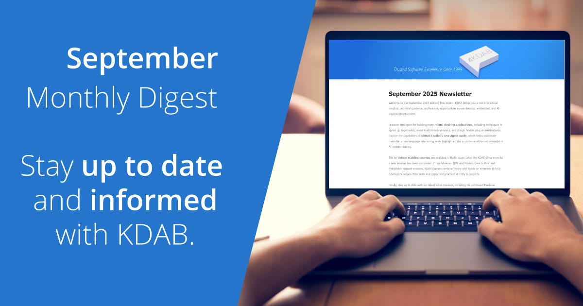 September at KDAB: faster builds, safer multithreading, flexible plug-ins, and GitHub Copilot’s Agent mode for C++/QML. New Qt Widgets training, in-person courses back in Berlin, plus Meeting C++ 2025: kdab.com/newsletter/sep… #QtDev #Cpp #RustLang #QML #Embedded #AI