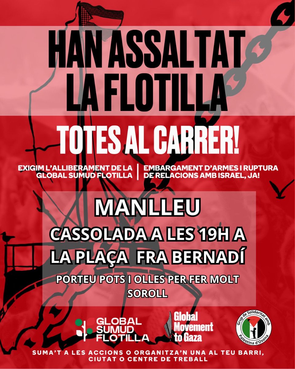 🇵🇸 CONCENTRACIÓ avui, dijous 2 d'octubre, a les 7 de la tarda a la Plaça de #Manlleu! Solidaritat amb la flotilla i amb Palestina!