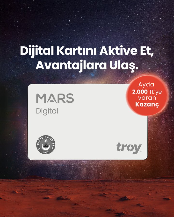 A digital card labeled MARS Digital with a logo and the word troy. A red circular badge reads 2.000 TL'ye varan kazan. The background shows a starry sky and a reddish Martian landscape.