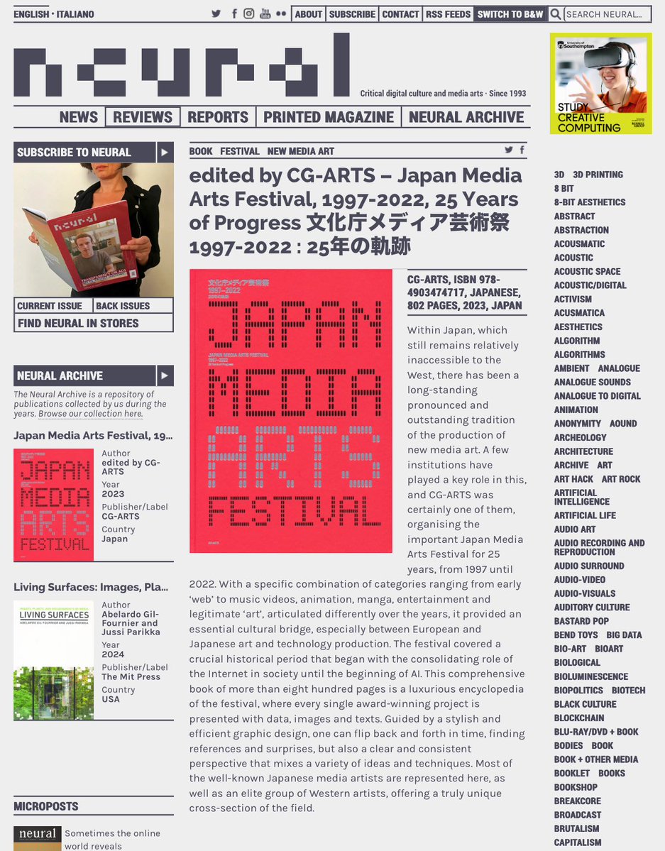 CGARTS_Tweets's tweet image. ✨CG-ARTS刊『文化庁メディア芸術祭25年の軌跡』が
国際メディア Neural Magazine に紹介されました！

800ページ超のメディアアートの百科事典！
教育・研究の資料としても活用いただけます。

🔗 Neural記事
neural.it/2025/09/edited…

📕 書籍詳細
cgarts.or.jp/books_detail/j…
