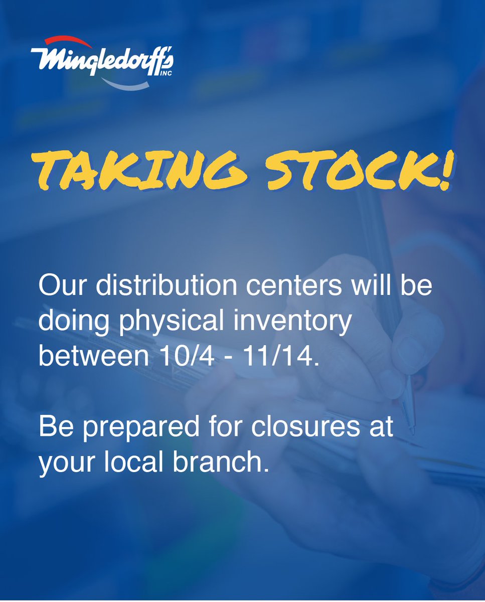 It's time for us to conduct our annual physical inventory so we can better serve you.

From Oct 4 – Nov 14, our locations will have brief closures while we perform inventory counts. Before you visit, check your local branch’s schedule to plan ahead: ow.ly/Q6Ni50X4wwx

We