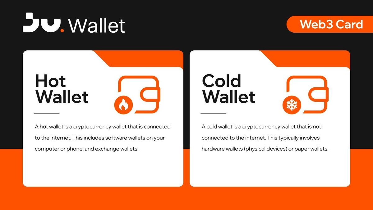 Jucom_wallet's tweet image. Web3 Wallet Basics：Hot or Cold Wallet? 🤔

Hot: Online, convenient, best for small, active funds
Cold: Offline, ultra-secure, storage large amounts

💡For optimal safety, split your funds between the two. #Web3Card