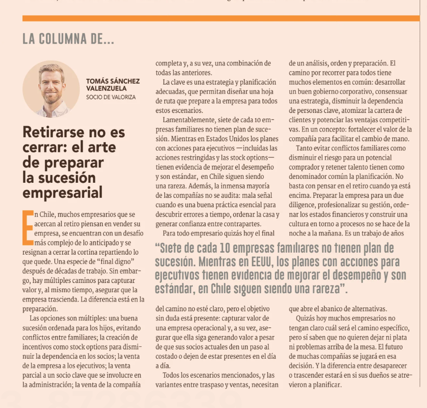 Tomás Sánchez V. (@tomassanchezv) on Twitter photo Para todo empresario, pensar en retirarse o trabajar menos es un dilema.
Hay múltiples opciones para asegurar la continuidad de la empresa y capturar el valor creado en décadas de trabajo.
La clave está en la planificación.
Hoy en <a href="/DFinanciero/">Diario Financiero</a>
df.cl/opinion/column… Para todo empresario, pensar en retirarse o trabajar menos es un dilema.
Hay múltiples opciones para asegurar la continuidad de la empresa y capturar el valor creado en décadas de trabajo.
La clave está en la planificación.
Hoy en <a href="/DFinanciero/">Diario Financiero</a>
df.cl/opinion/column…