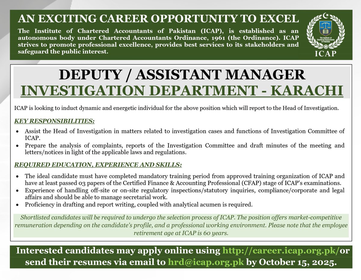icapofficial's tweet photo. Job Opportunities at ICAP:

1. DEPUTY / ASSISTANT MANAGER INVESTIGATION DEPARTMENT - KARACHI

Apply Now:
https://t.co/nAjBK58D06

#ICAP #CAPakistan #Vacancy #jobadvertisement https://t.co/DVSddG8iO8