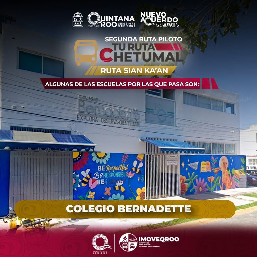 MaraLezama's tweet photo. ¡Estudiantes de #Chetumal! La #RutaSianKaan te conecta con tu escuela. 🏫🚌

La nueva ruta piloto de #TuRutaChetumal, pasa por las siguientes instituciones educativas 👇🏼. 

Además el servicio es completamente gratis hasta el 5 de octubre. 🗓️ 

Súbanse de lunes a domingo de 6:00 a.m. a 10:00 p.m. ⏰

@imoveqroo