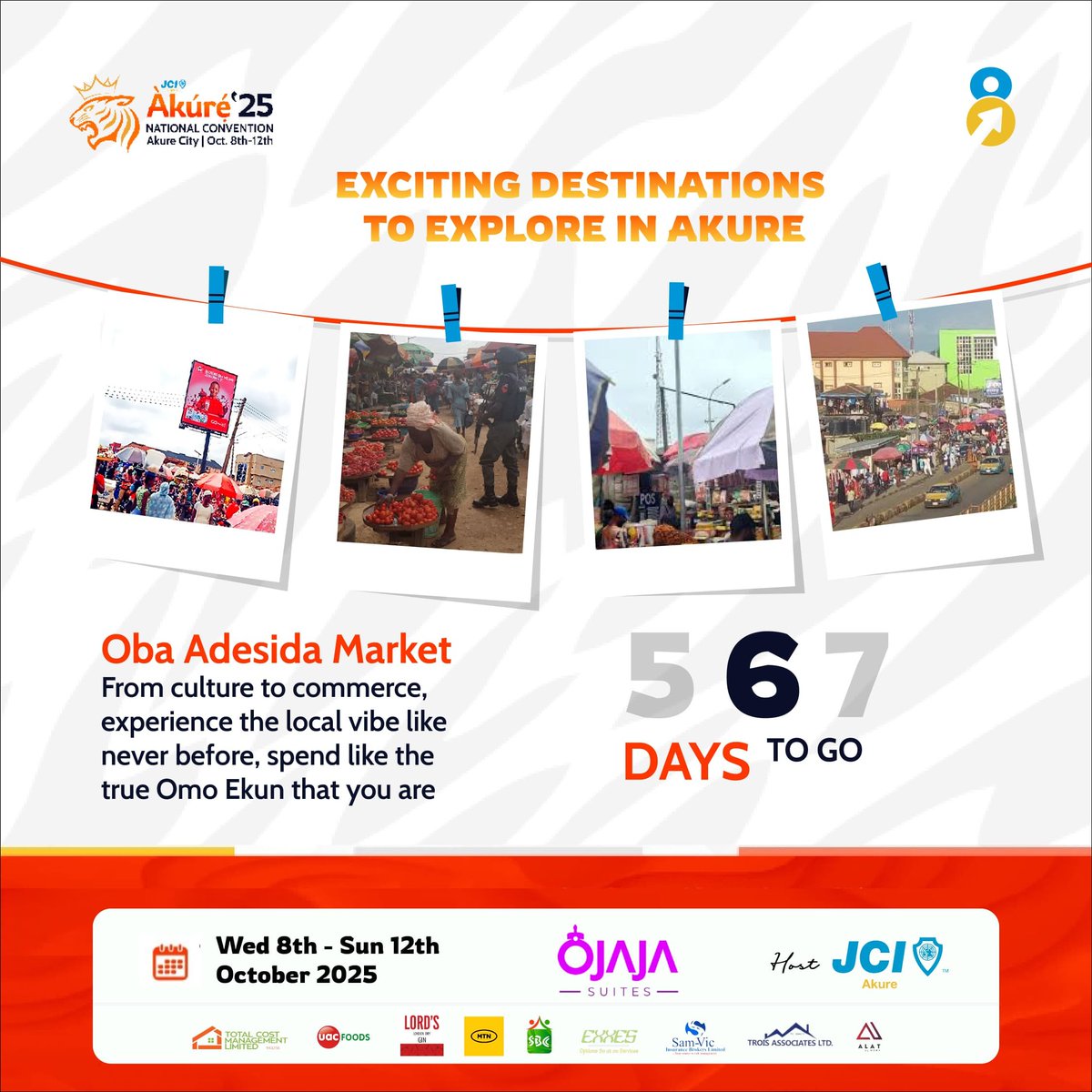 6 DAYS TILL WE MEET AT THE CITY OF ÀKÚRÉ!

When it comes to culture,  you'll find the city of Àkúré at the forefront!

A place with many heritage and culture! We  look forward to receiving you warmly!

See you at Àkúré!

#ELV8
#JCINigeria
#JCIN
#ÀKÚRÉ2025
#JCIAKURE