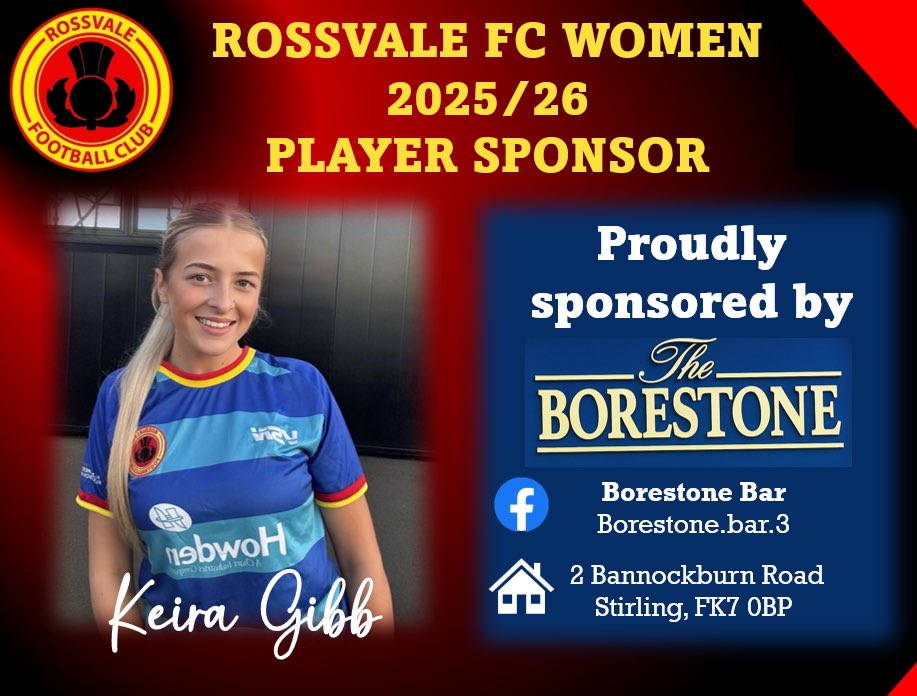 Another player sponsorship sorted for Rossvale Reserves ✍🏻 📑 

We are proud to announce that The Borestone Bar in Stirling are sponsoring Keira Gibb for the 25/26 Season. 

We are grateful for their support in the development of Rossvale Women FC’s future talent.