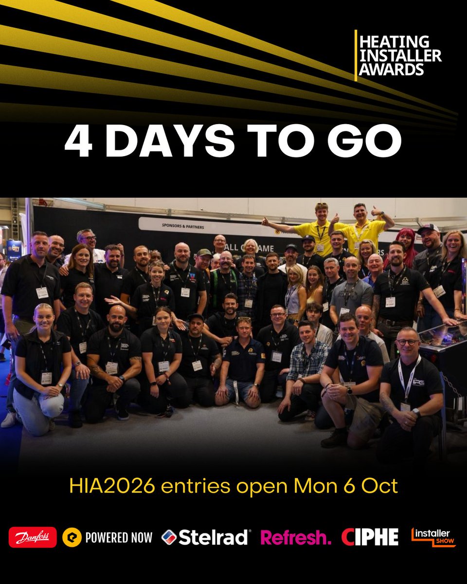 ⏳ 4 days to go…

Throwback to our 2025 finalists 👊

Entries for #HIA2026 open Mon 6 Oct 🏆🔥

👉 heatinginstallerawards.co.uk