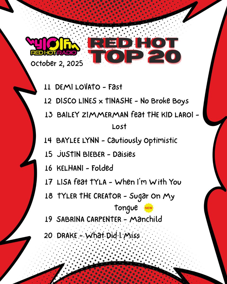 RED HOT TOP 20
(October 2, 2025)

#RedHotTop20 #Y101 #Y101FMCEBU #Countdown #Music