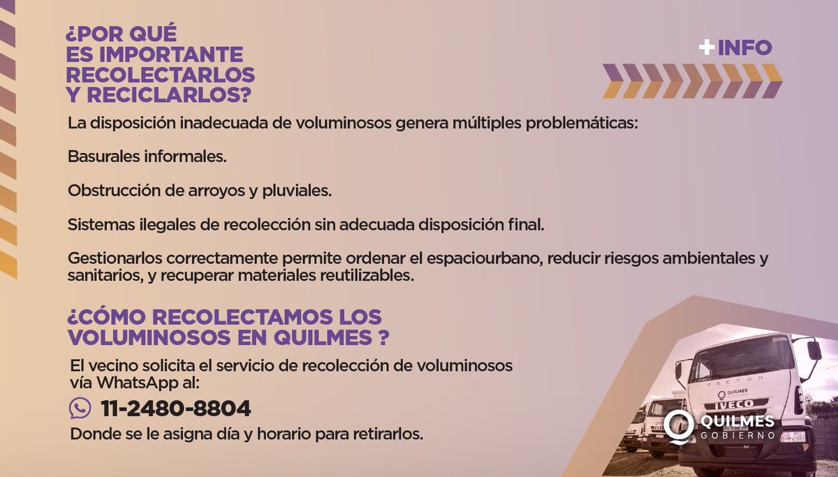 Invitamos a las y los vecinos a sumarse a la campaña de Recolección de Residuos Voluminosos para promover un ambiente más limpio y sostenible.

📱 Para solicitar el servicio, comunicate por WhatsApp al 11-2480-8804.

¡Participá y contribuí a cuidar nuestra ciudad!