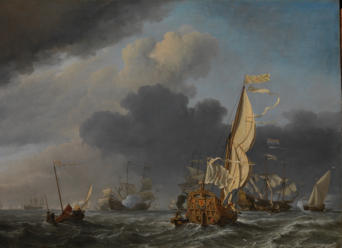 Een Statenjacht zeilt naar De Zeven Provinciën, het vlaggenschip van Michiel de Ruyter.  
Willem van de Velde II, 1673